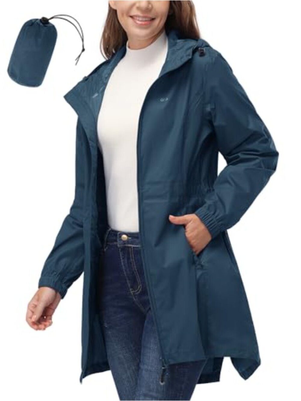 Women's Waterproof Packable Long Rain Jacket with Hood Lightweight